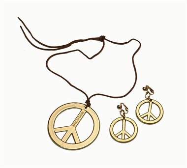 Peace ketting + oorbellen goud (Ø=3,5 en 7 cm)