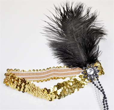 Sequinned headband gold with feather