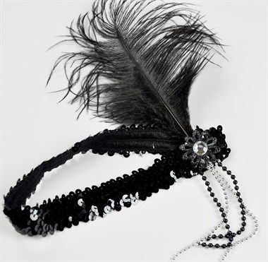 Sequinned headband black  with feather