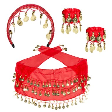 Jewelry set belly dancer red (bracelet, head ornament,belt)